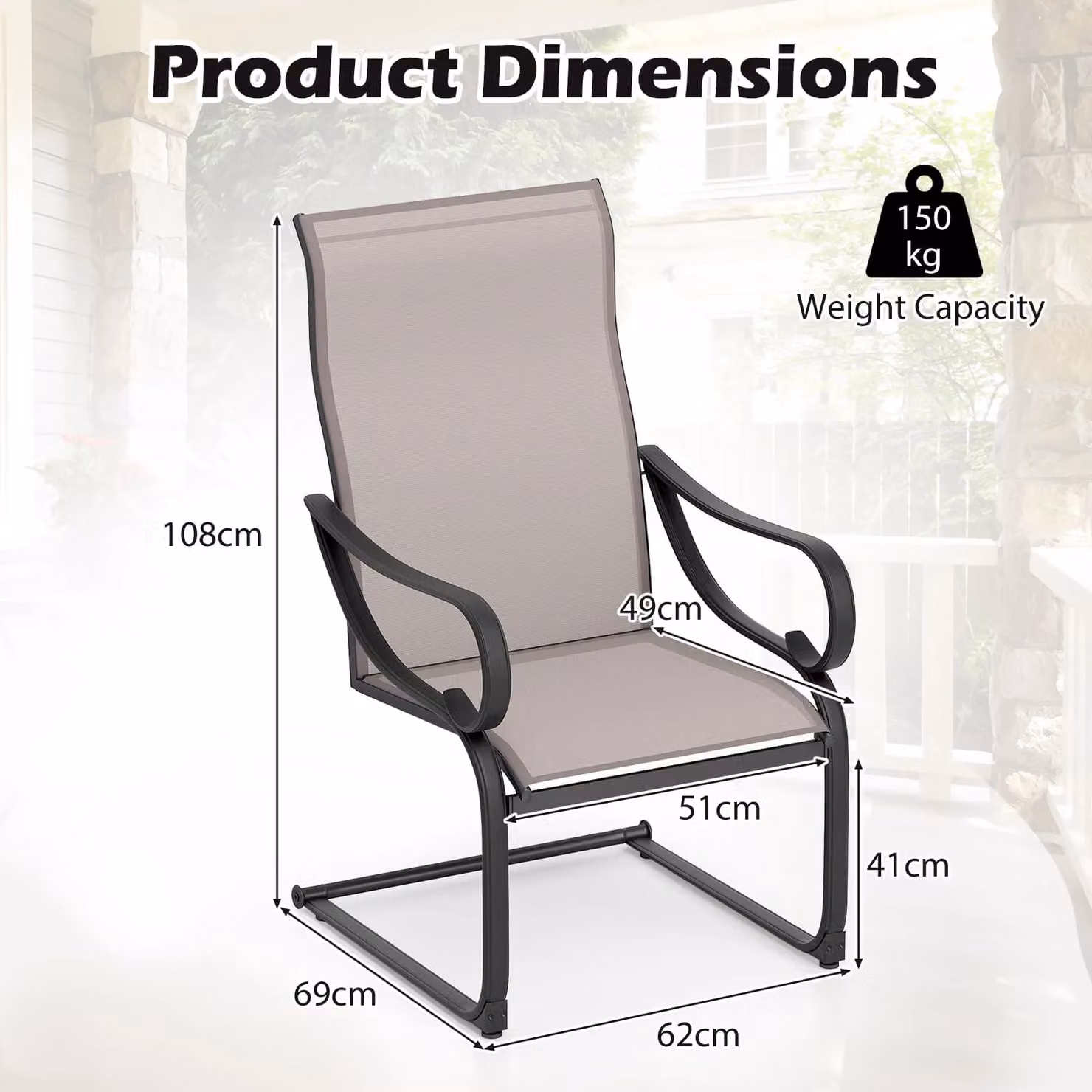 Costway Set of 2 Grey C-Spring Patio Dining Chairs with High-Back Metal Sling Design – 2