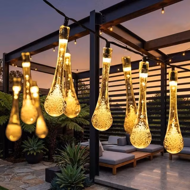 Garden Greatness Waterdrop Solar LED Garden String Lights in Warm White Multicolour Glass