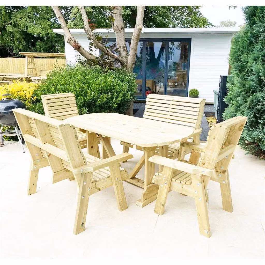Marlborough 8 Seater Heavy Duty Rustic Wood Garden Table and Chair Set in Sand/Beige – 2