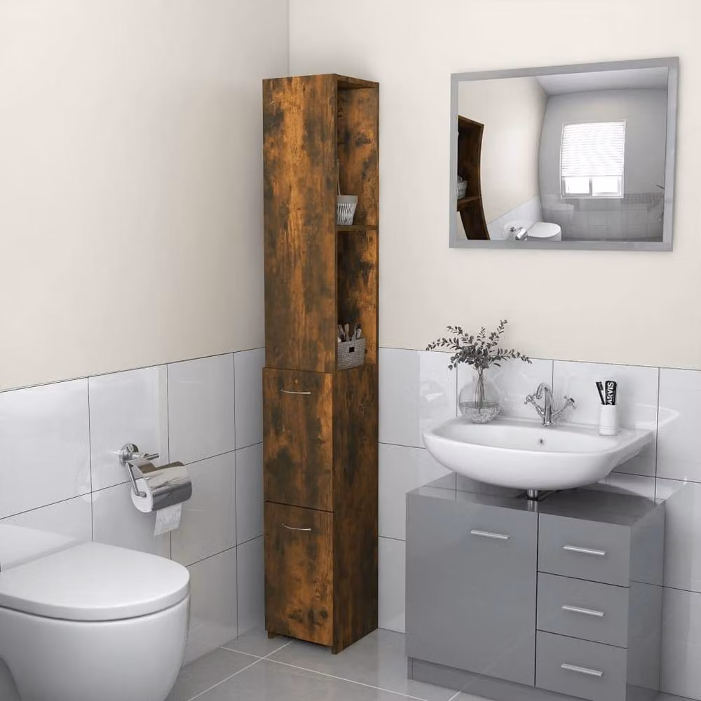 Berkfield Home Modern Wall Mounted Bathroom Cabinet in Smoked Oak Brown, W/D/H: 25 x 26.5 x 170 cm – 2