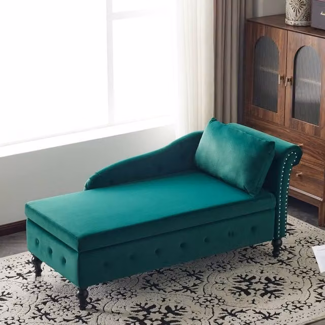 Merax Green Velvet Right Arm Chaise Longue Sofa with Storage and Scatter Cushions