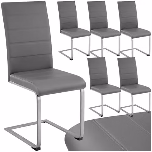 tectake Set of 6 Bettina Dining Chairs in Grey with Synthetic Leather and Metal Cantilever Base