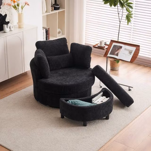 Direct Wicker Black Chenille Swivel Armchair with Cushion Pillow and Matching Crescent Ottoman Stool – 1