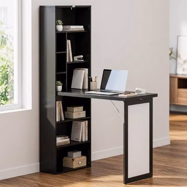 STILVORA Black Modern Folding Writing Desk with Enclosed Cabinet Storage