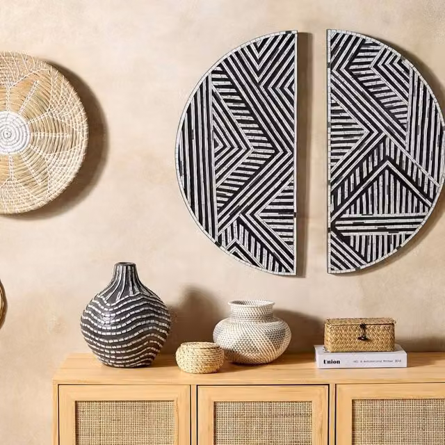 Wyld and Coco Black and White Geometric Glass and Wood Half Circle Wall Art – 1