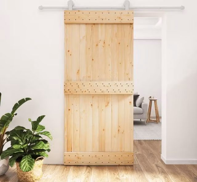 Berkfield Home Rustic Solid Wood Pine Sliding Door with Hardware Set, Brown, W: 95 cm, H: 210 cm