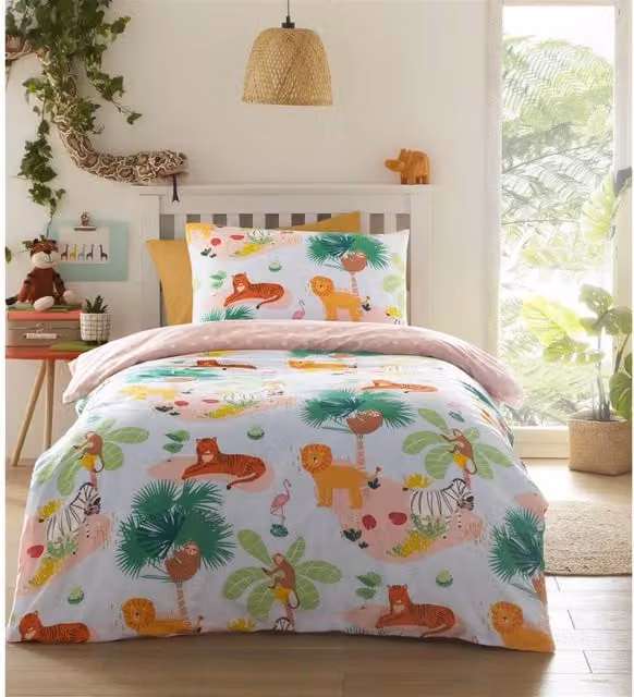 Portfolio Home Reversible Animal Print Polycotton Duvet Cover Set for Children, Multicolour and Yellow