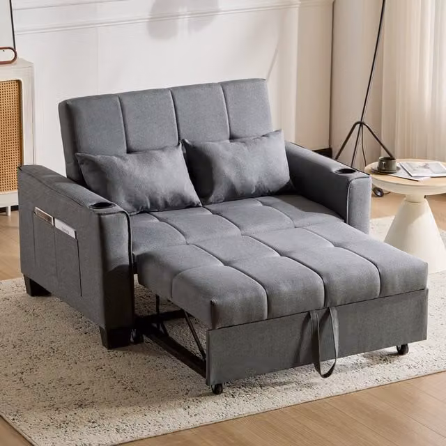 Aosom UK 2 Seater Convertible Fabric Sofa Bed in Grey with Storage Side Pockets, Cup Holders and Adjustable Backrest, W/D/H: 96 x 140 x 97 cm – 1
