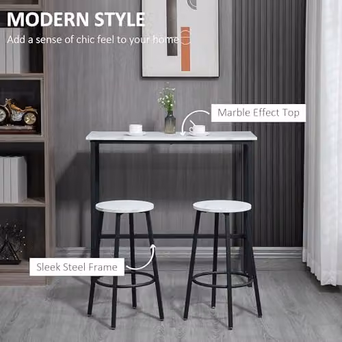 HOMCOM 3 Piece Modern Dining Table Set with 2 Stools, White – 4