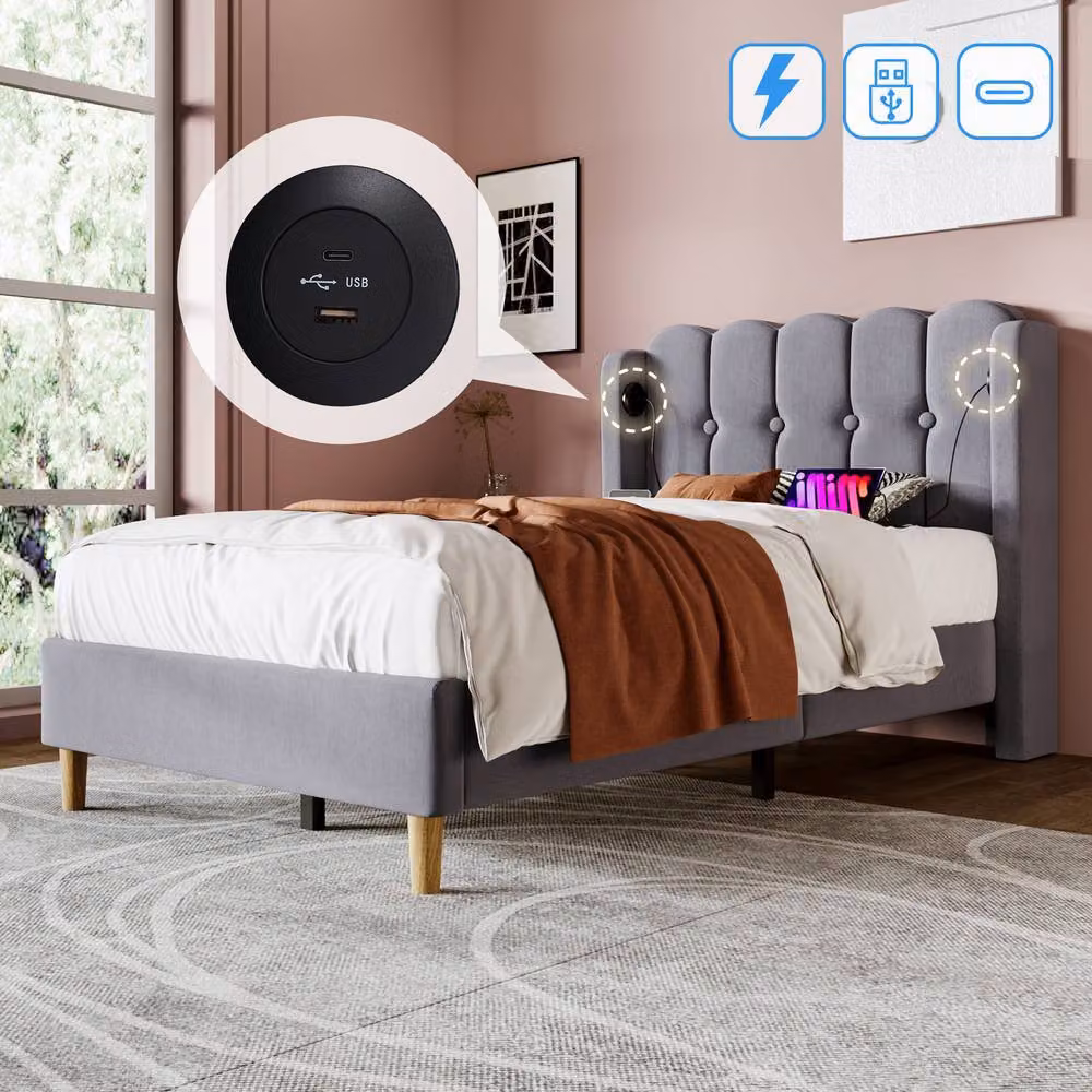 BTM Upholstered Wooden Slatted Bed Frame with USB Charging Port in Grey, W/D/H: 140 x 200 cm – 2