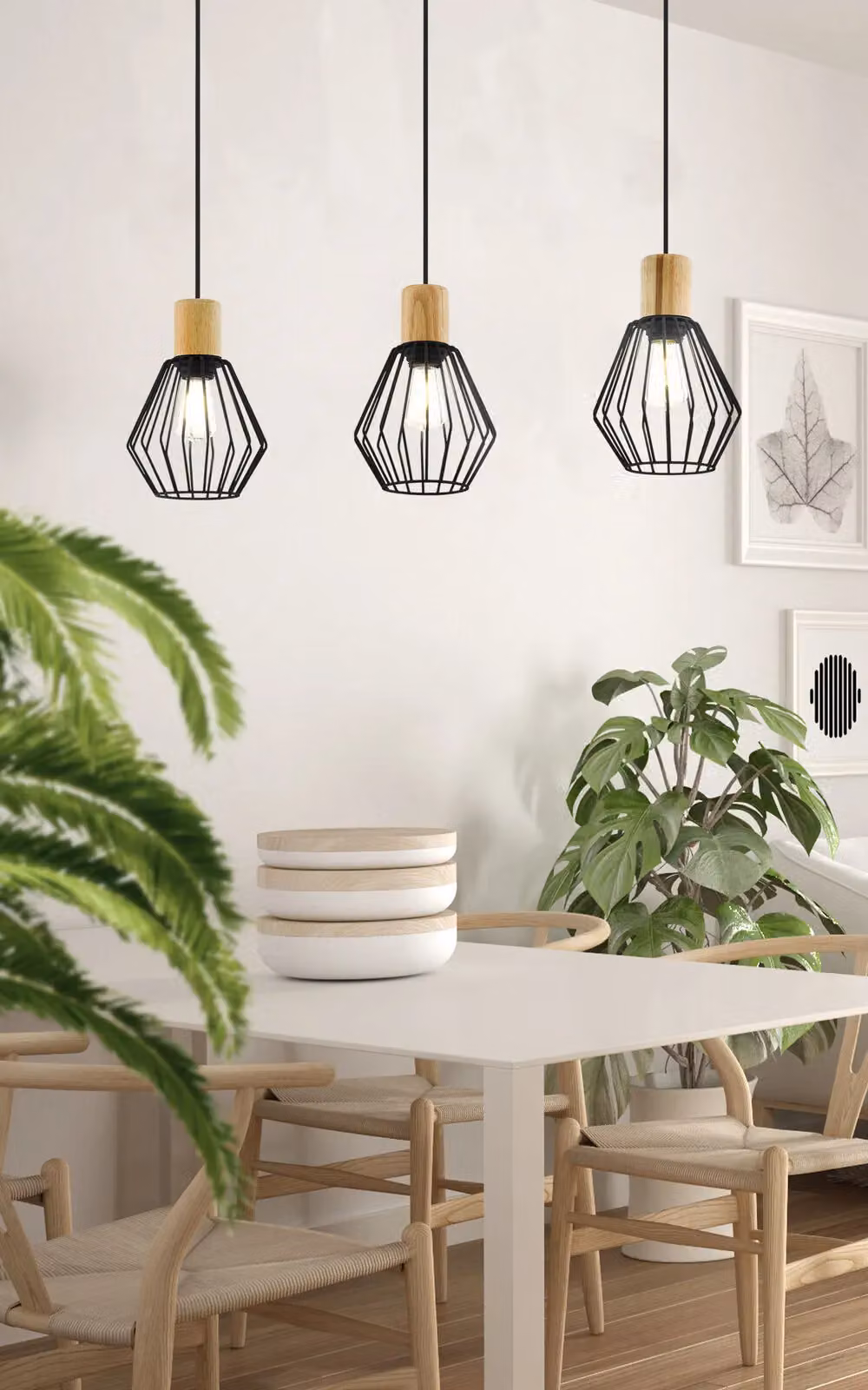 Loops Industrial Hanging Ceiling Pendant Light in Black and Wood with 3x E27 Bulb Sockets – 2