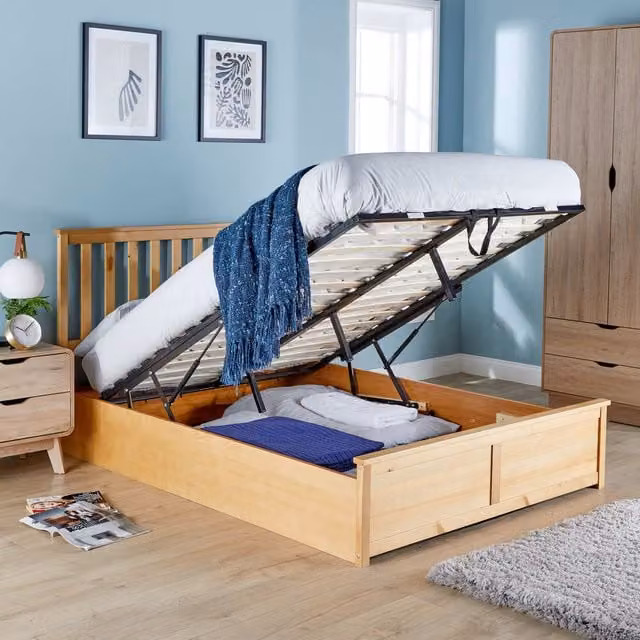 Home Source Florida Double Gas Lift Ottoman Storage Bed Frame in Brown Solid Pine Wood, W/D/H: 140 x 200 cm