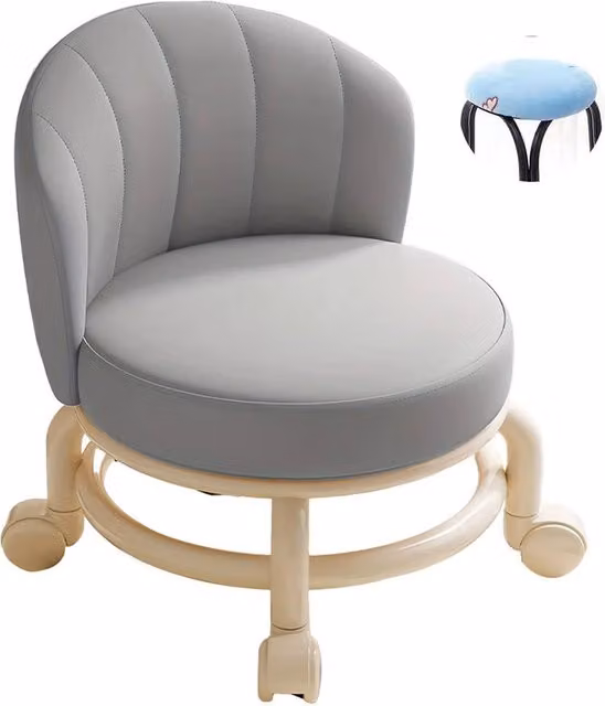 FORGEVIO Grey Rolling Low Stool with Castors and Synthetic Leather Seat