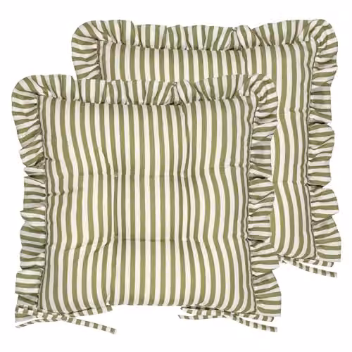 Riva Home Millie Ruffle Seat Pads, Pack of 2, Green Heritage Stripe Indoor Outdoor Dining and Patio Chair Cushions with Ties, W/D/H: 40 x 40 x 40 cm