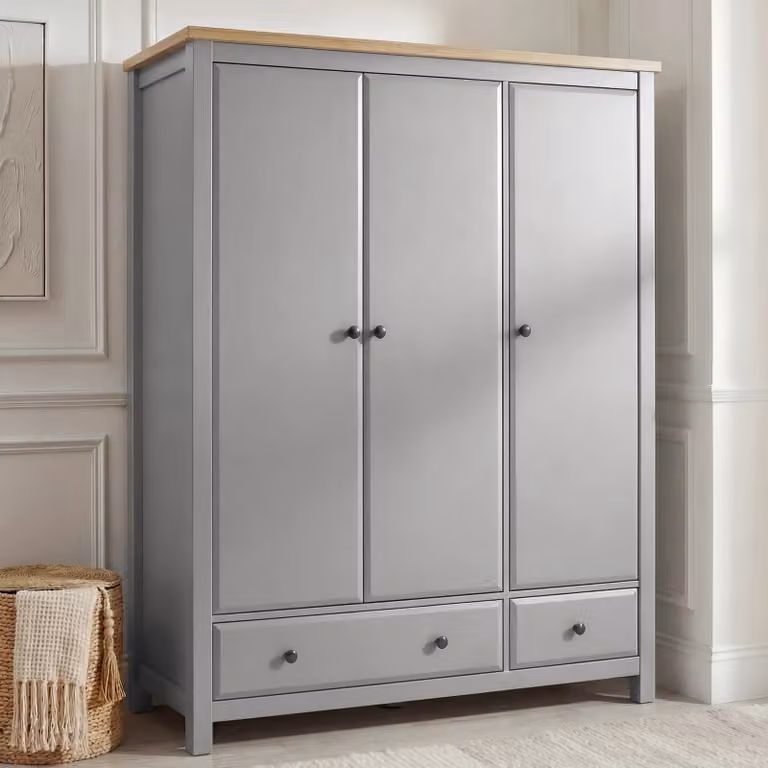 DHS Grey Lacquered 3 Door Wardrobe with Drawers, Shelves and Soft Close Doors, H 186 cm x W 140 cm x D 60 cm