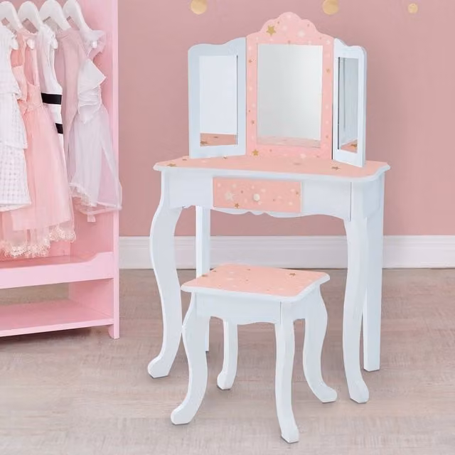 Teamson Kids White, Pink and Gold Vanity Table with Tri-fold Mirror and Stool