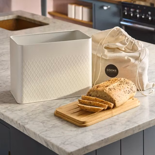 Cooks Professional White Diamond Pattern Bread Bin with Bamboo Cutting Board Lid and Linen Bag
