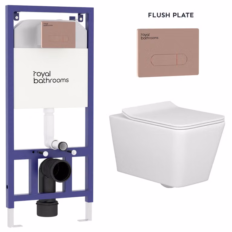 Royal Bathrooms Elena White Ceramic Wall Hung Rimless Toilet with Slim Soft Close Seat and Brushed Bronze Plate