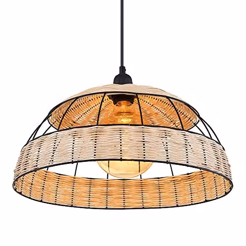 Globo Lighting Boho Rattan and Metal Cylinder Pendant Light, Black, Diameter: 40 cm, Height: 102 cm – 2