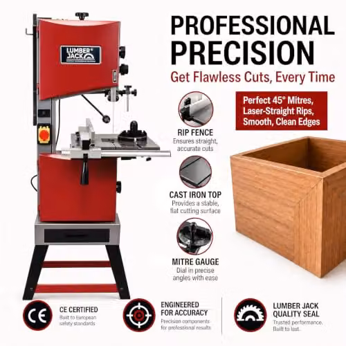 Lumberjack 10 inch Professional Benchtop Bandsaw with Cast Iron Table in Red, 375W Induction Motor, 230V – 3