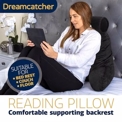 Dreamcatcher XL Memory Foam Reading Pillow in Black Velvet with Contoured Neck and Back Support – 2