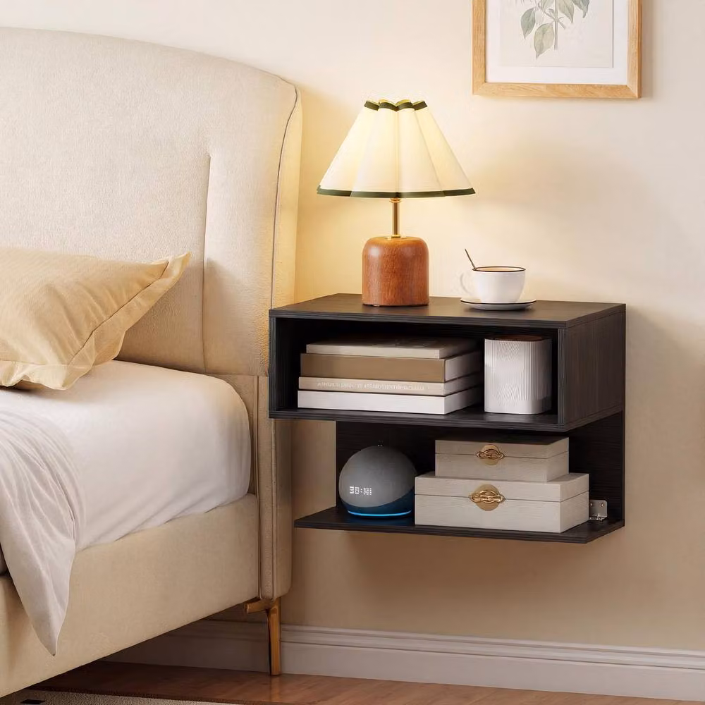 Gymax Floating Nightstand Wall Mounted Bedside Table with Storage Shelves in Black – 3