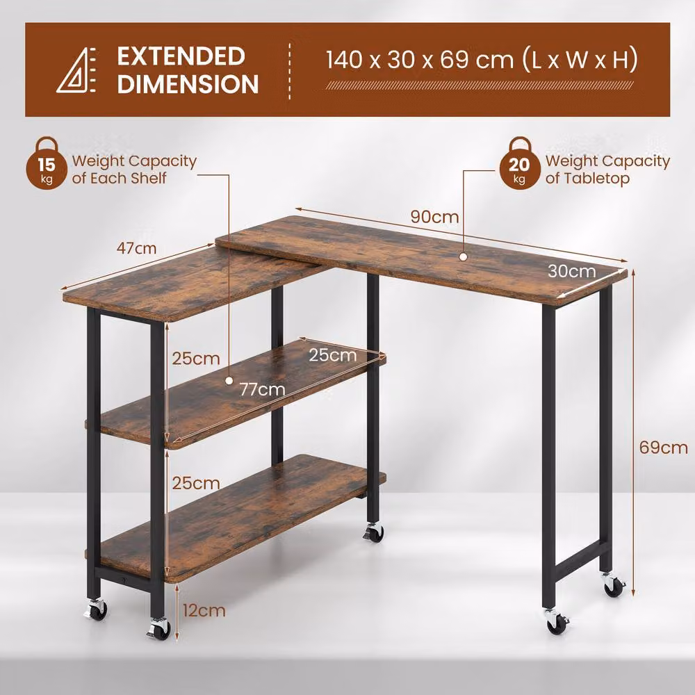Costway L-shaped Mobile 360 Rotating Corner Computer Desk in Brown – 2