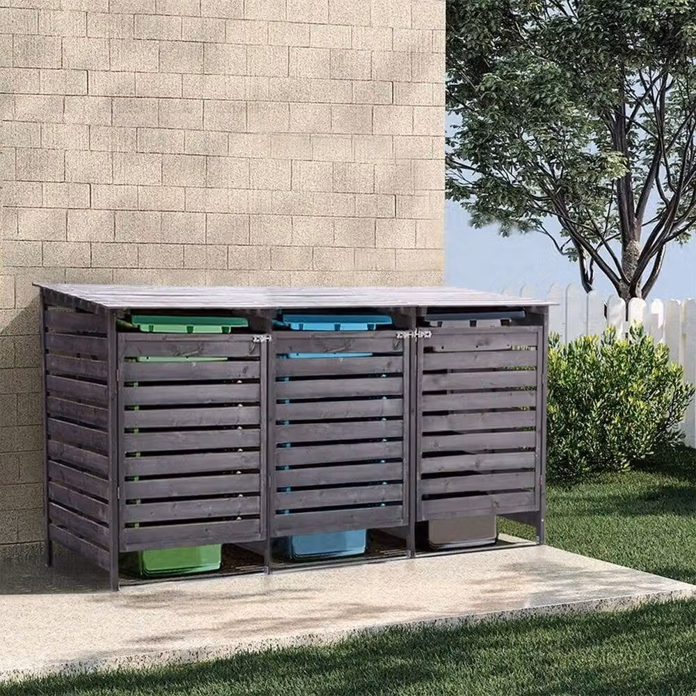 NESTLUNE Triple Wooden Wheelie Bin Storage Cover in Grey, W: 100 cm, D: 15 cm – 3
