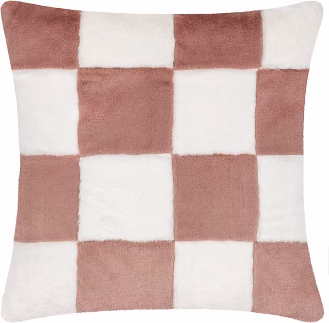Cozee Pink Checked Faux Fur Feather Filled Square Cushion