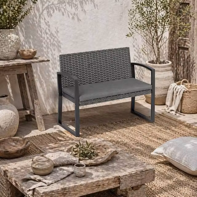 Wyld Haus Haloka 2 Seater Rattan and Metal Outdoor Garden Bench in Light Grey and Dark Grey