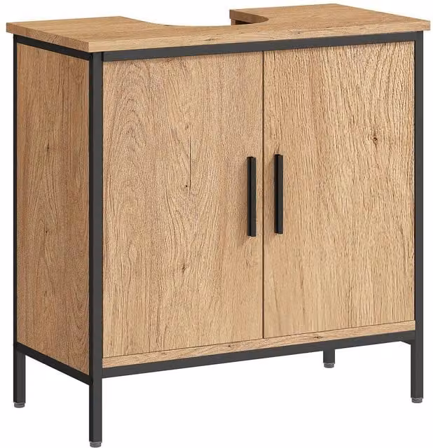 HOMCOM Industrial Under Sink Bathroom Cabinet with Hinged Doors and Internal Shelves in Light Oak
