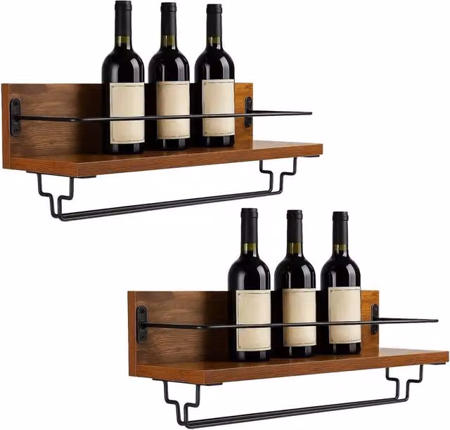 VOGREX Rustic Brown Floating Wall Mounted Wine Rack and Glass Holder with Metal Guardrail