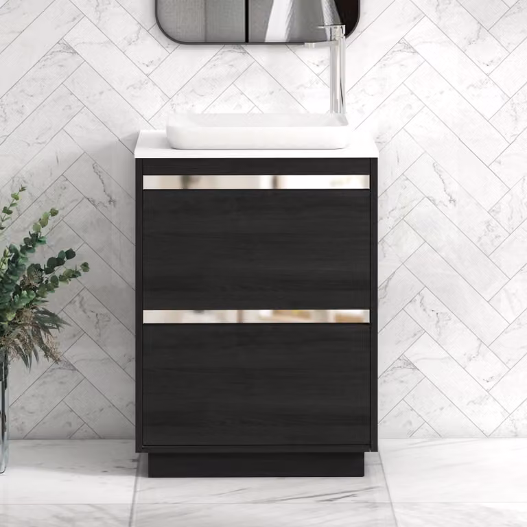 Royal Bathrooms Orion 2 Drawer Hale Black Floor Standing Vanity Unit with Plain White Stone Top and Countertop Basin