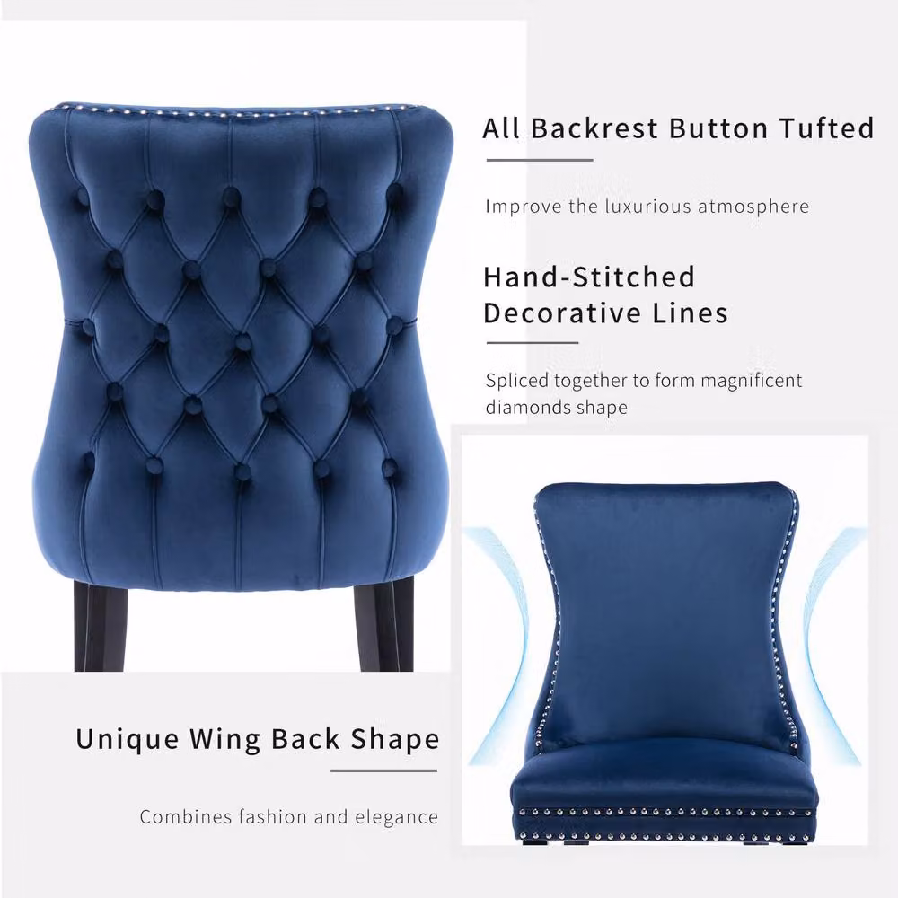 Modern Home Touch Sierra Lux Set of 4 Blue Velvet Tufted Wing Back Dining Chairs with Oak Wood Frames – 5