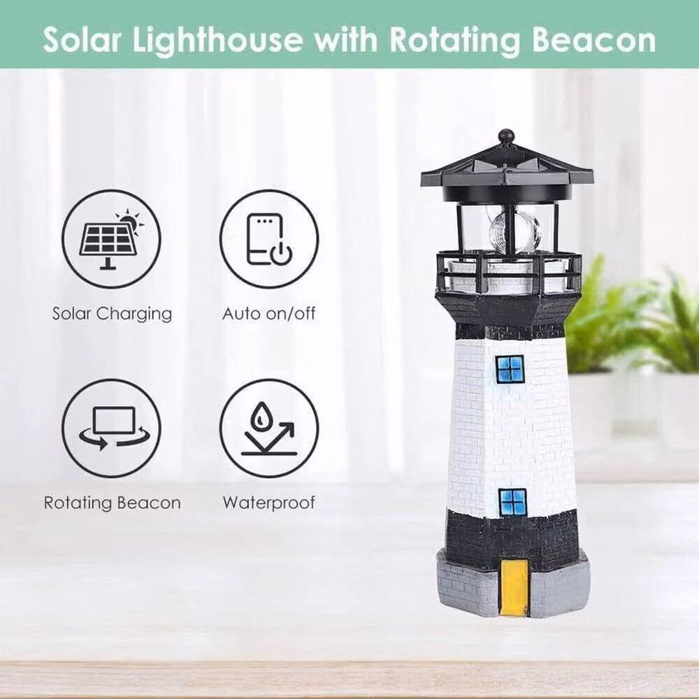 NESTLUNE Solar Powered Rotating LED Lighthouse Garden Lantern in White – 3