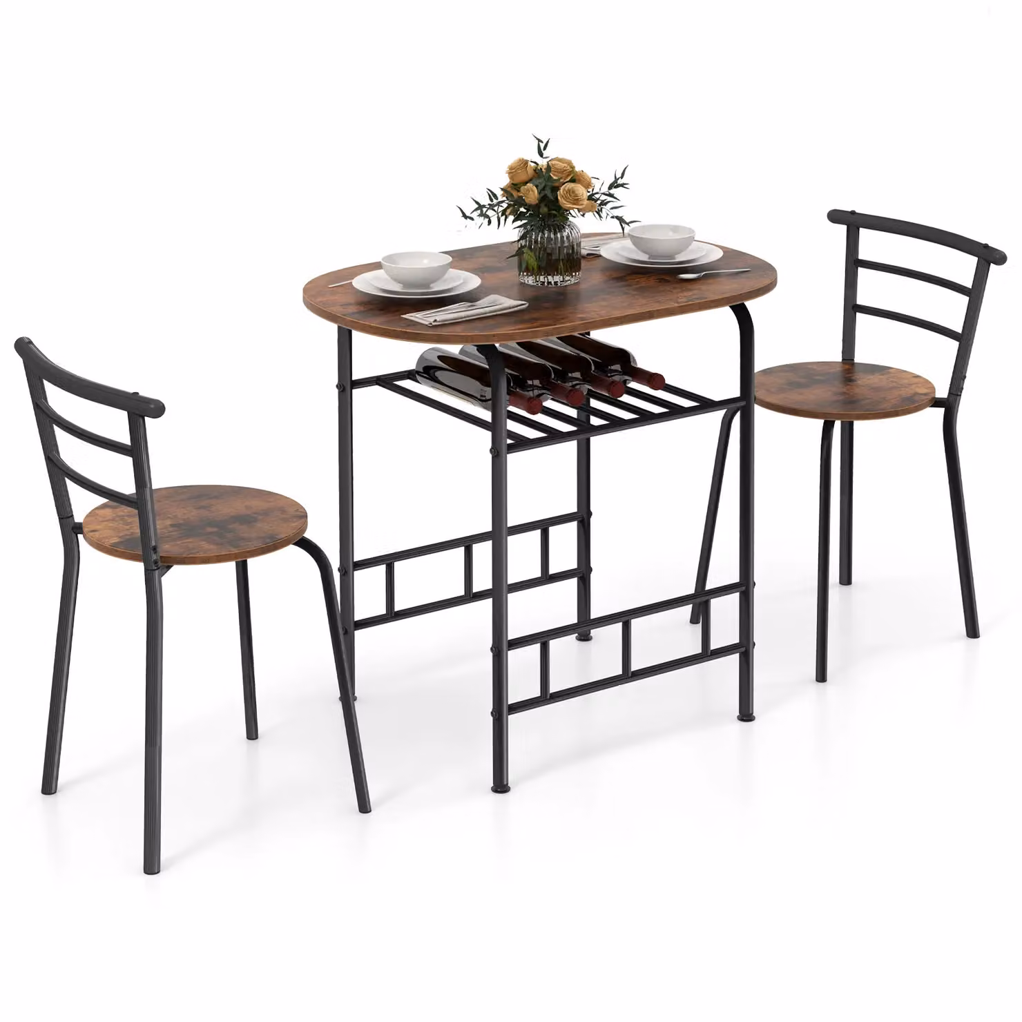 Costway 3-Piece Industrial Dining Table and Chairs Set in Brown – 3