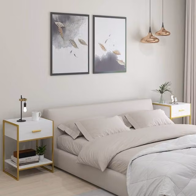HOMCOM Set of 2 Modern Bedside Tables with Drawer and Open Shelf, White and Gold Metal Frame