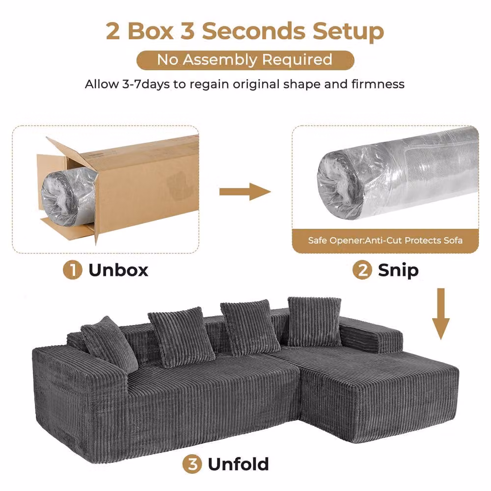 Dprodo 4 Seater Modular Right L-Shaped Sectional Sofa in Grey Velvet Cord Fabric, Width: 261 cm – 5