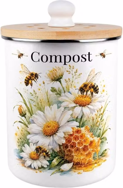 Purely Home Metal Kitchen Food Waste Compost Caddy with Flip Lid, 2L, Yellow and White