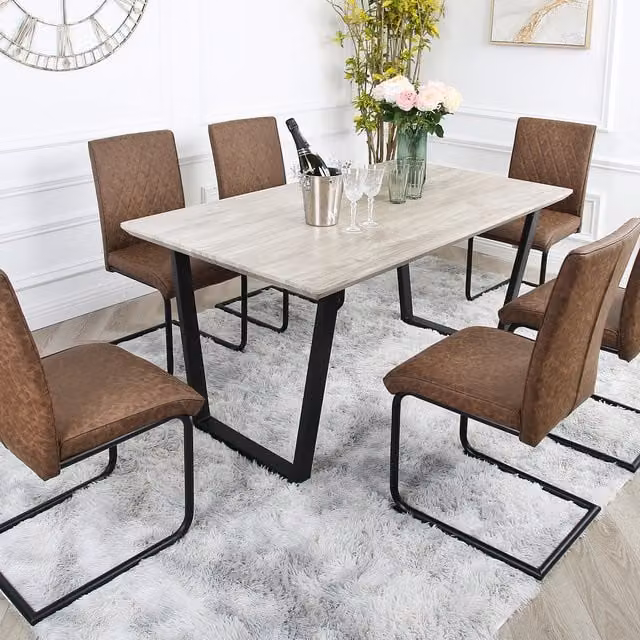 Home Garden Direct Brown Wood and Black Metal Industrial Dining Table Set with 6 Nestor Chairs