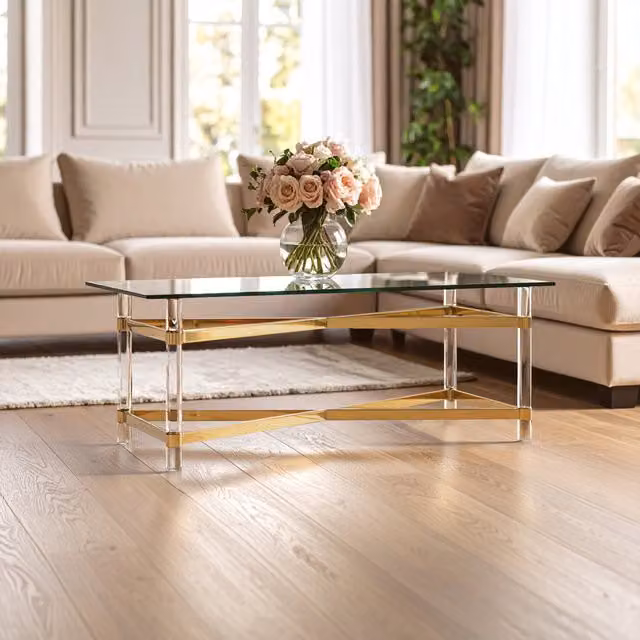 Orsina Luxe Modern Rectangular Glass Coffee Table with Gold Metal Legs, W/D/H: 120 x 60 x 45 cm