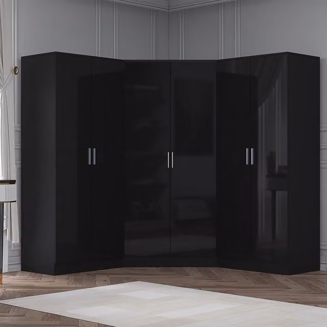 Reflect 3 Piece Black Gloss Wardrobe Bundle with Corner and Two 2-Door Units, H 180 cm x W 255 cm x D 103 cm