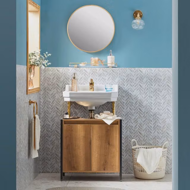 SoBuy Industrial Freestanding Under Sink Bathroom Vanity Unit with Hinged Doors and Internal Shelves in Brown and Black