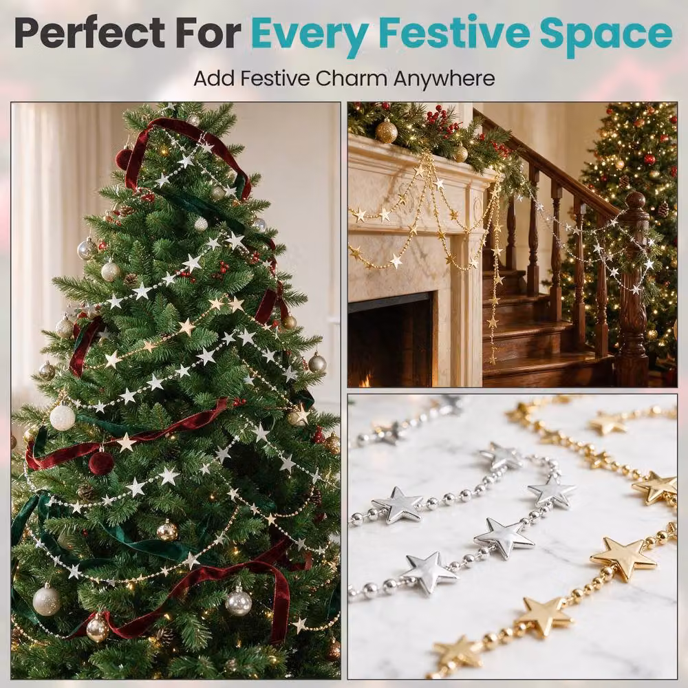 Neel Blue 2-Piece Christmas Bead Chain Garland with Gold and Silver Star Design – 6