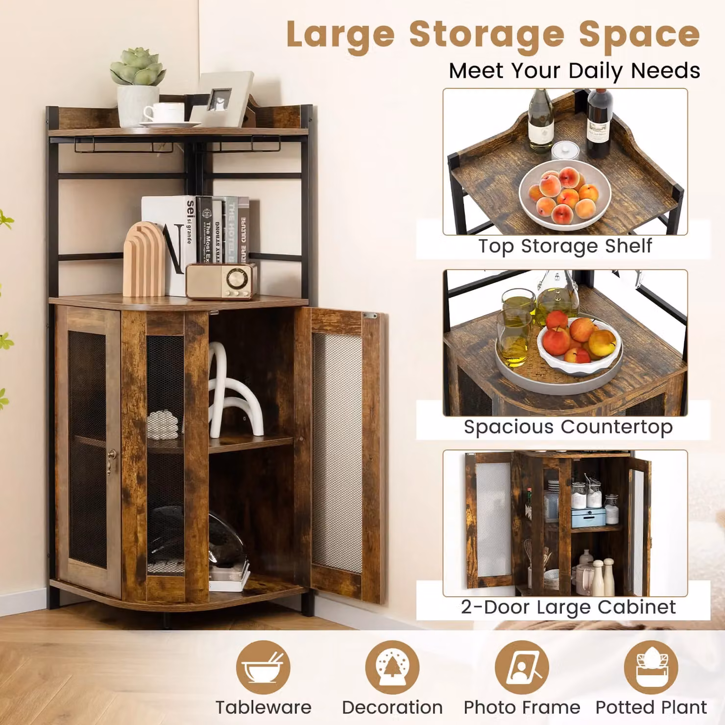 Costway Industrial Kitchen Corner Bar Cabinet and Wine Buffet in Brown – 3