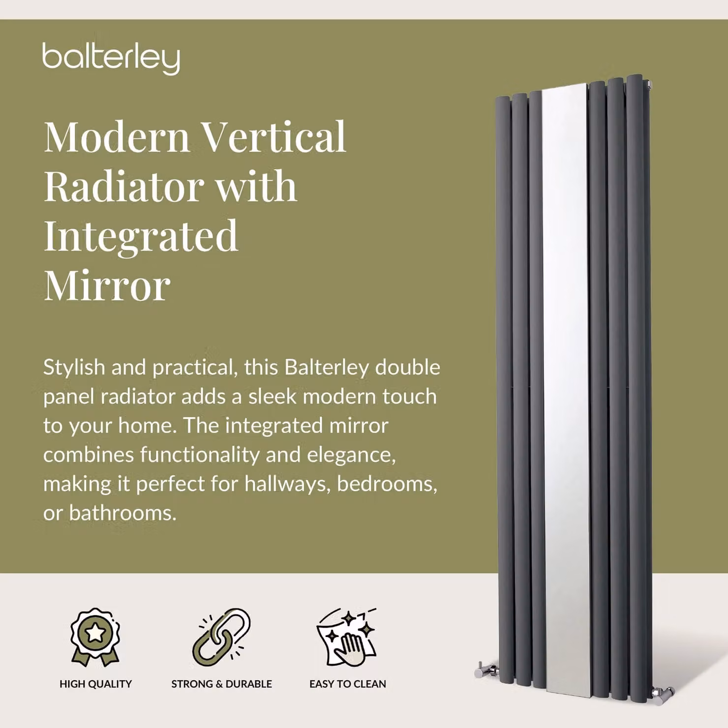 Balterley Embrace Vertical 1 Panel Radiator and Mirror, Anthracite Grey, H 180 cm x W 49.9 cm – 2