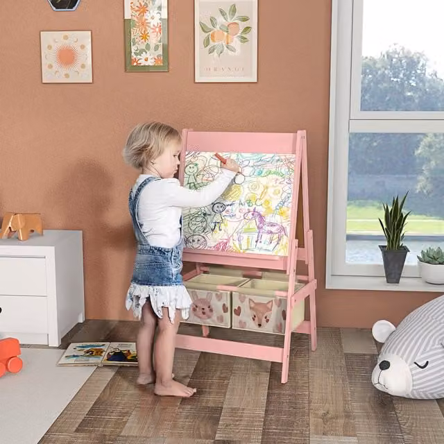 AIYAPLAY Kids Art Easel with Paper Roll and Storage, Pink
