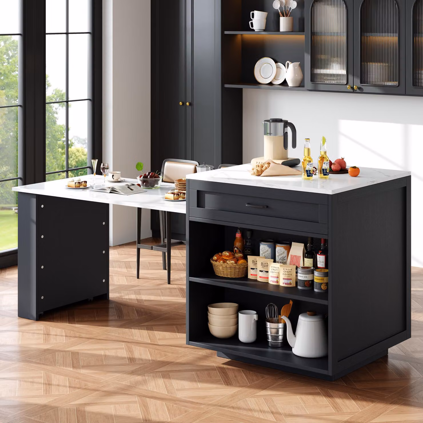 Aosom UK Extendable Bar Table and Kitchen Island in Black with 2 Drawers and 4 Compartments, W/D/H: 133-202 x 70 x 93.5 cm – 6