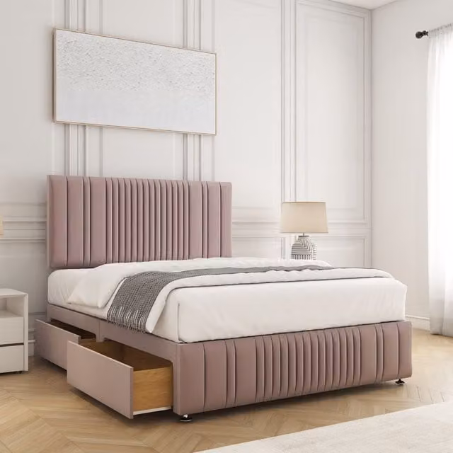 BSSPOKE Rosie Super King Divan Bed Set with 24 inch Headboard, Footboard, 2 Drawers, Footend and Mattress in Pink Velvet Fabric, W/D/H: 200 x 200 cm