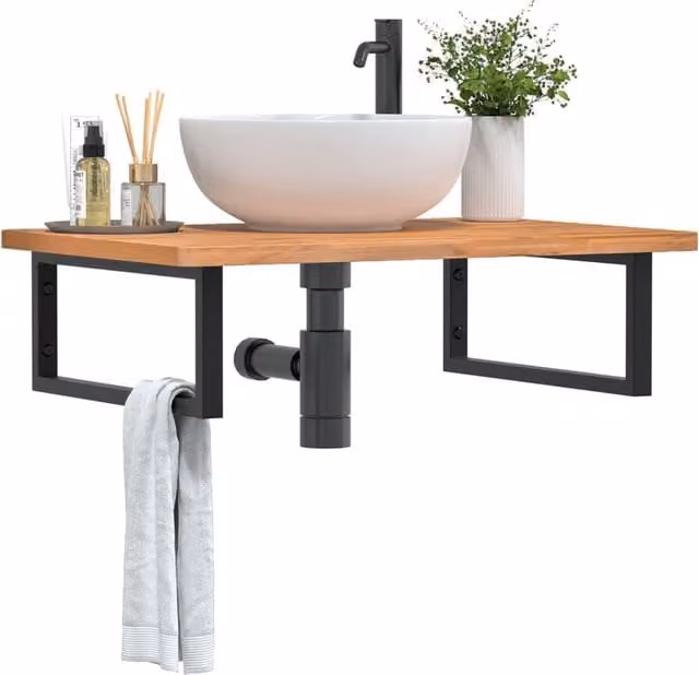 Berkfield Home Wall Mounted Basin Shelf in Brown Steel and Solid Beech Wood